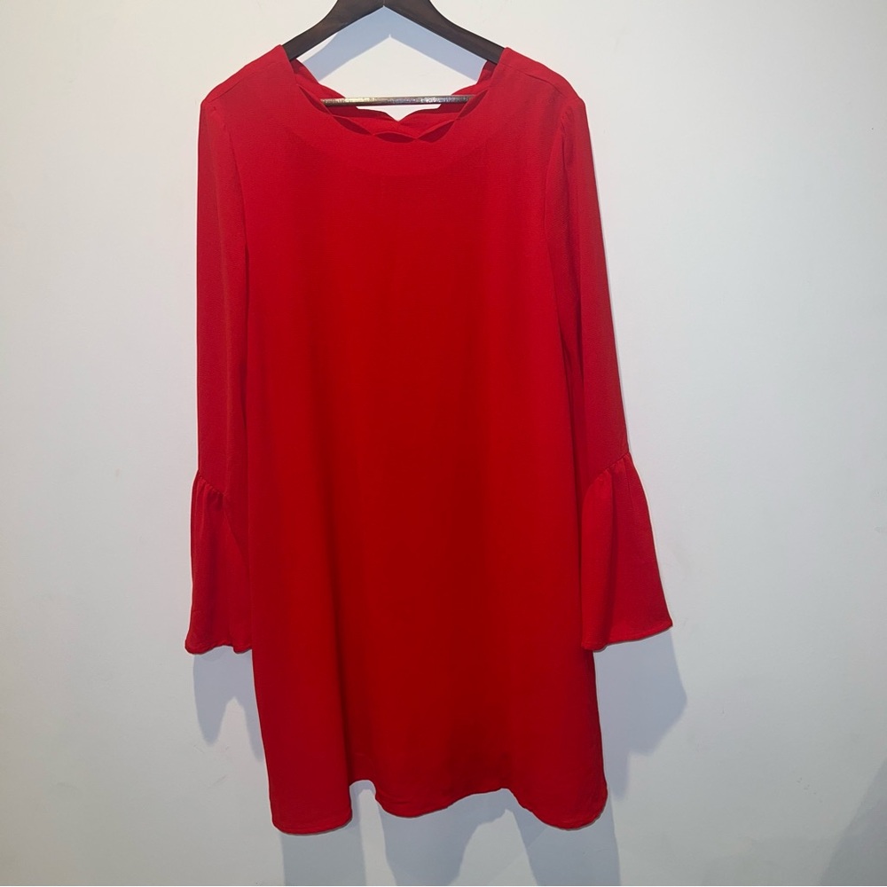 Mittoshop Women’s Size Large Red Dress Knee Length Long Flare Sleeve Pockets